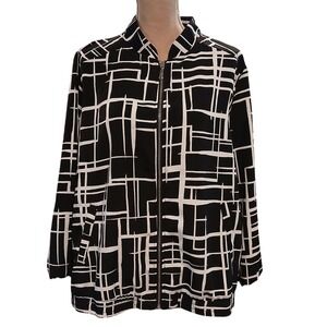 Susan Graver 2x Black and White Geometric Zip Up Bomber Jacket Womens Spring